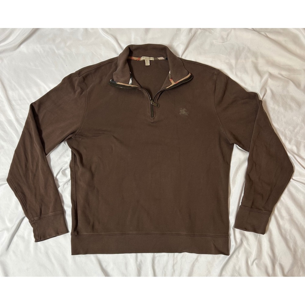 Burberry Brit Mens XL Brown 1/4 Zip Pullover Cotton Nova Check Trim Sweater